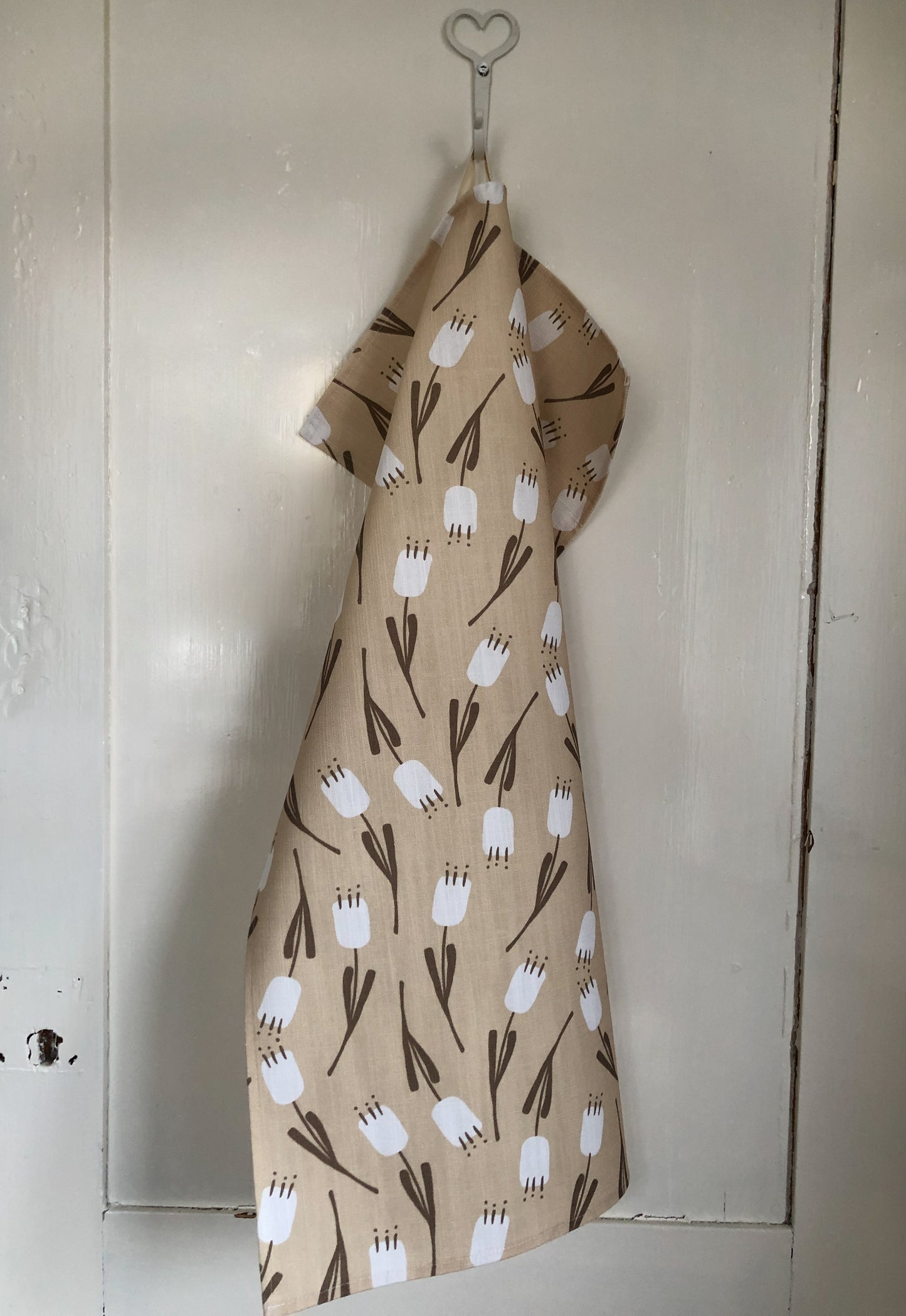 Lilly beige och vit kökshandduk i bomull-lin
